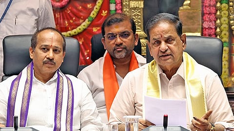 TTD Chairman BR Naidu and EO  Muddada Ravichandra speak to media at Tirumala on Wednesday.