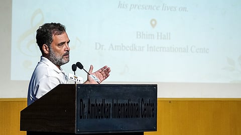 Lok Sabha LoP Rahul Gandhi addresses a memorial gathering organised for Manipur musician and music teacher Chongtham Vikram Singh, who was beaten to death in Southeast Delhi, at the Dr Ambedkar International Centre, in New Delhi on Thursday.