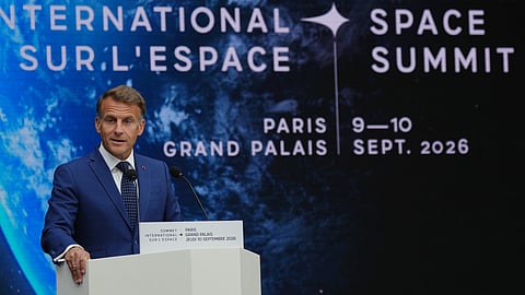 French President Emmanuel Macron delivers a speech at the International Space Summit at the Grand Palais in Paris, Thursday, Sept. 10, 2026.