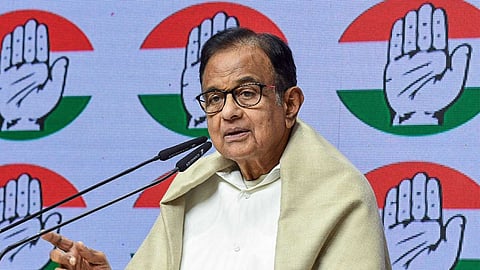 Senior Congress leader P Chidambaram addresses a press conference at the party headquarters in New Delhi.