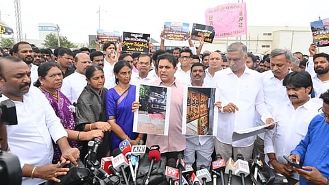 BRS MLAs staged a protest at the land allotted by the government to Chief Minister Revanth Reddys brother Anumula Kondal Reddy for Tesseract Company.