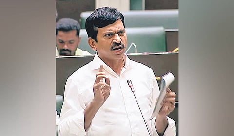 Revenue Minister Ponguleti Srinivasa Reddy speaks during the day 4 of the eighth session of Telangana Legislative Assembly in Hyderabad.