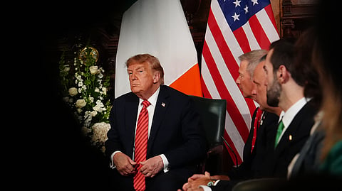 US President Donald Trump during a meeting with Ireland's Prime Minister Micheál Martin at Farmleigh House in Dublin, Saturday, Sept. 12, 2026. 