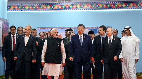 Iranian President Masoud Pezeshkian, Indian Prime Minister Narendra Modi, Chinese President Xi Jinping, Russian President Vladimir Putin, Indonesian President Prabowo Subianto, South African President Cyril Ramaphosa, Crown Prince of Abu Dhabi Sheikh Khaled Bin Mohamed Bin Zayed Al Nahyan, and Ethiopian Prime Minister Abiy Ahmed Ali, visit the exhibition of the "Innovative India" dedicated to the 20th anniversary of the BRICS in New Delhi, India, on Saturday, Sept. 12, 2026.