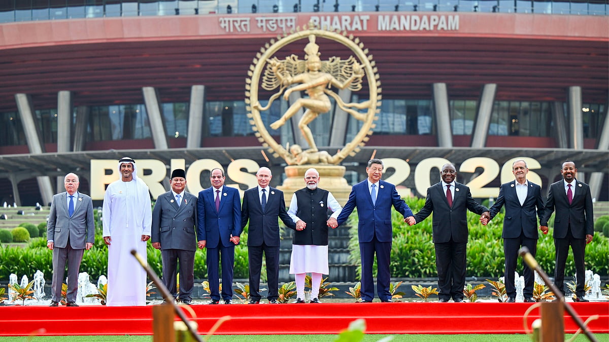 Indian Prime Minister Narendra Modi, along with Chinese President Xi Jinping, Russian President Vladimir Putin and other world leaders, poses for a picture during the BRICS Summit at Bharat Mandapam, in New Delhi on Saturday.