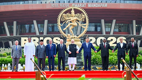 Indian Prime Minister Narendra Modi, along with Chinese President Xi Jinping, Russian President Vladimir Putin and other world leaders, poses for a picture during the BRICS Summit at Bharat Mandapam, in New Delhi on Saturday.