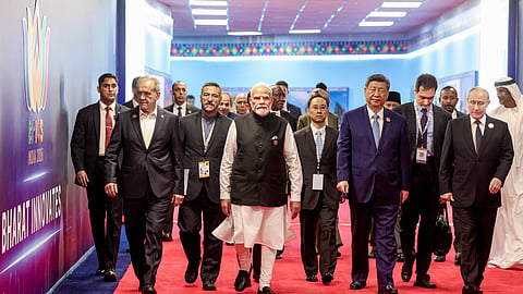 Prime Minister Narendra Modi with Iranian President Masoud Pezeshkian, Chinese President Xi Jinping and Russian President Vladimir Putin during the 'Bharat Innovates Exposition' amid the ongoing 18th BRICS Summit, at the Bharat Mandapam, in New Delhi.