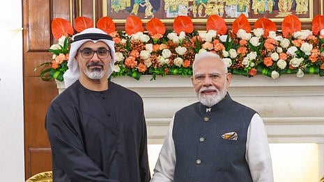 Prime Minister Narendra Modi held talks with Abu Dhabi Crown Prince Sheikh Khaled bin Mohamed bin Zayed Al Nahyan on the sidelines of the 18th BRICS Summit in New Delhi.