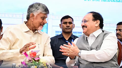 CM Nara Chandrababu Naidu and Union Health Minister JP Nadda during the inauguration of various development projects of the health department at BR Ambedkar Kala Vedika in Vijayawada on Saturday.