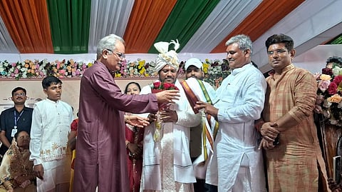 Former Chhattisgarh Chief Minister and Congress leader Bhupesh Baghel welcomes Dhal Das to the party.
