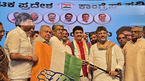 Former BJP MLA NL Narendra Babu joins Congress in the presence of CM D K Shivakumar and KPCC president BK Hariprasad at Bharat Jodo Bhavan in Bengaluru on Sunday.