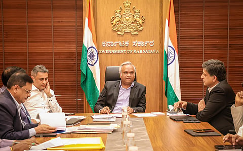 Home Minister Priyank Kharge chairs a review meeting in Bengaluru with Advocate-General K Shashi Kiran Shetty, the CM’s political secretary, MLA A S Ponnanna, and senior officials from the Home and Prosecution departments on Saturday. 