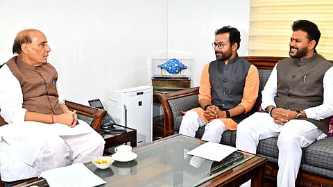 Union Ministers G Kishan Reddy, K Rammohan Naidu and Union Defence Minister Rajnath singh holds a review on Adilabad Airport project in New Delhi.