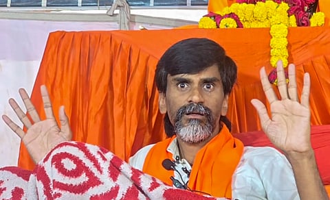 Activist Manoj Jarange addresses a press conference over the ongoing Maratha quota agitation, in Jalna district, Maharashtra.