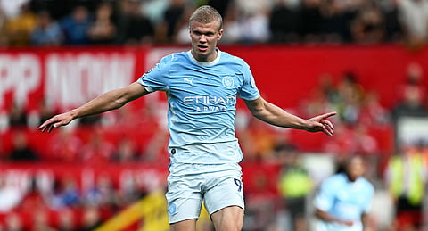 Man City's Erling Haaland in action against Man United