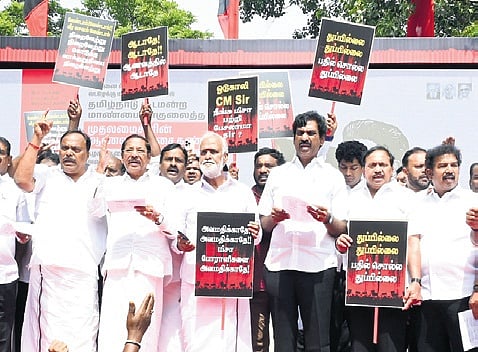 DMK members during a protest in Chennai on Saturday condemning CM’s Assembly remarks