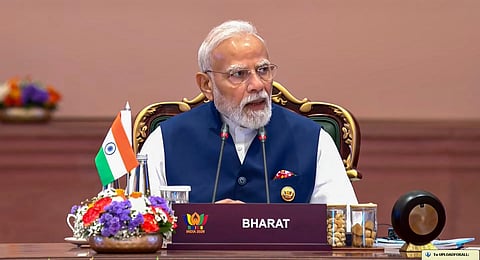 Prime Minister Narendra Modi on the second day of the BRICS Summit 2026, at Bharat Mandapam in New Delhi.