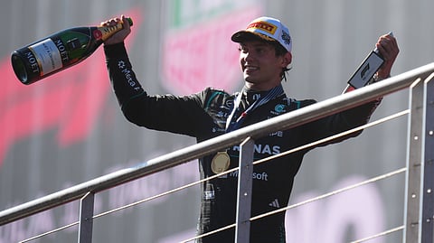 Mercedes driver Andrea Kimi Antonelli of Italy celebrates on the podium after winning the Spanish Formula One Grand Prix race in Madrid, Sunday, Sept. 13, 2026.