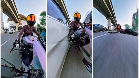A combo image showing the biker being knocked off by a speeding car on Gurugram's Golf Course Road