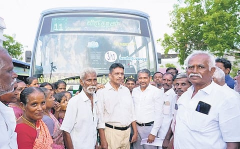 Ayan Reddiyapatti residents gathered to welcome the first bus service to the village on Sunday.