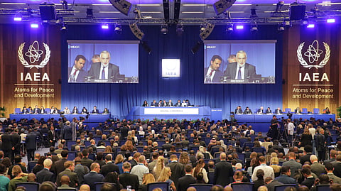 Delegates watching the IAEA Board of Governors during the annual General Conference of the International Atomic Energy Agency (IAEA) in Vienna, Austria, Monday, Sept. 14, 2026.