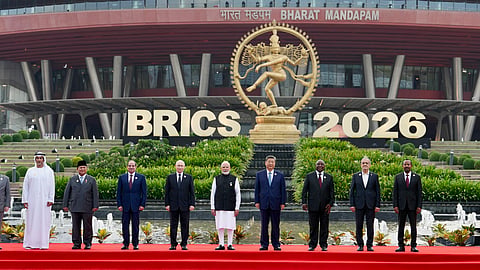 Prime Minister Narendra Modi, along with Chinese President Xi Jinping, Russian President Vladimir Putin and other world leaders, poses for the family photo during the 18th BRICS Summit at Bharat Mandapam, in New Delhi on Saturday. 