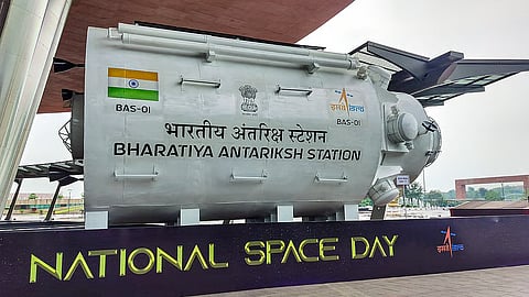 A model of the 'Bharat Antariksh Station' module on display at the Bharat Mandapam as part of the National Space Day celebrations, in New Delhi last year