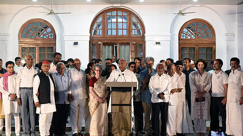 Mallikarjun Kharge addresses the media with Congress Parliamentary Party (CPP) Chairperson Sonia Gandhi, Nationalist Congress Party (Sharadchandra Pawar) (NCP-SCP) Chief Sharad Pawar, Jharkhand Chief Minister Champai Soren, Samajwadi Party (SP) Chief Akhilesh Yadav and others after the INDIA Bloc leaders' meeting concluded, at his residence, in New Delhi on June 6, 2024.