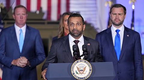 FBI Director Kash Patel speaks as Sen. Eric Schmitt, R-Mo., left and US Vice President JD Vance listen during an event at the FBI Field Office in Kansas City, Mo., Monday, Sept. 14, 2026.
