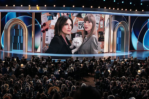 Host Mariska Hargitay left, and Taylor Swift in a "Law and Order: SVU" skit during the 78th Emmy Awards on Monday, Sept. 14, 2026, at the Peacock Theater in Los Angeles.