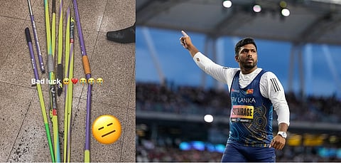 A picture of Rumesh's broken javelin, Rumesh during World Athletics Ultimate Championship