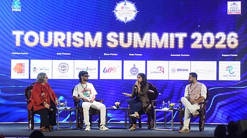 Singer-actor Saras Menon (second from right), violinist-producer Shravan Sridhar (right), and rapper Fault Kai (second from left) during TNIE's Bharat Dekho Tourism Summit 2026 in Chennai on Tuesday, Sept. 15, 2026.