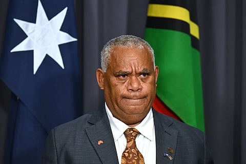 Vanuatu Prime Minister Jotham Napat speaks during a press conference at Parliament House in Canberra, Australia, on June 29, 2026.