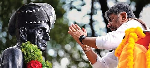 Chief Minister DK Shivakumar garlands Sir M Visvesvaraya’s statue to mark Engineers’ Day in Bengaluru on Tuesday  