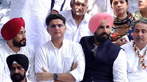 AICC general secretary in charge of Punjab Sachin Pilot (C), Punjab Congress chief Amrinder Singh Raja Warring (2R), former CM Charanjit Singh Channi (L), and other leaders during a protest in Chandigarh on Tuesday, Sept. 15, 2026.