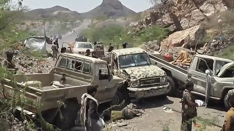 This image taken from undated video released by the Ansar Allah Media Office, the media arm of Yemen's Houthi rebels, on Saturday, Sept. 12, 2026, shows, according to the group, Houthi fighters among vehicles abandoned by Saudi-backed forces during a Houthi advance at an undisclosed location in southern Yemen.