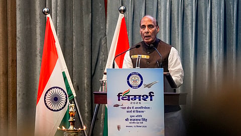 Defence Minister Rajnath Singh addresses the 'VIMARSH 2026' event at Dr. D.S. Kothari Auditorium, DRDO Bhawan, in New Delhi, Tuesday, Sept. 15, 2026.