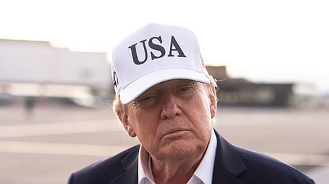 US President Donald Trump speaks with reporters before boarding Air Force One at Shannon Airport, Sunday, Sept. 13, 2026, in Shannon, Ireland.