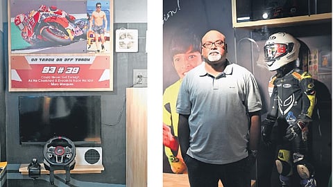 Video gaming setup features a poster of Marc Márquez. Right: Shreyash’s father, Hareesh Parandhaman, with the suit his son wore in the Spain Grand Prix | Nagaraja Gadekal