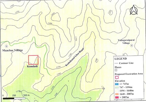 A topographic map of the excavation site at Kundadi in Palani Hills 