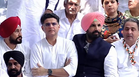 AICC general secretary in charge of Punjab Sachin Pilot (C), Punjab Congress chief Amrinder Singh Raja Warring (2R), former CM Charanjit Singh Channi (L), and other leaders during a protest in Chandigarh on Tuesday, Sept. 15, 2026.