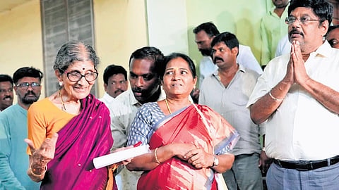 Rukmani Palanivelrajan, left, talking to reporters on Tuesday  
