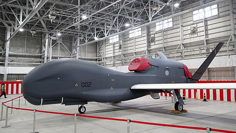 A Global Hawk, a long-distance surveillance drone of the Japan Air Self-Defence Force, is shown to the media at its base in Misawa, Aomori prefecture, on Jan., 2023.