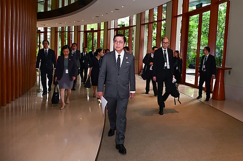 Thai Foreign Minister Sihasak Phuangketkeow, center, prepares to attend the first meeting of a conciliation commission between Thailand and Cambodia under the U.N. Convention on the Law of the Sea, in Singapore Tuesday, Sept. 15, 2026.