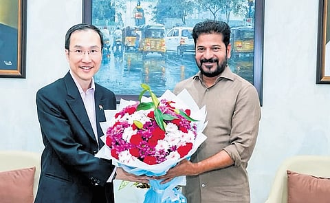 Augustine Lee, Permanent Secretary of the Energy Market Division under Singapore’s Ministry of Trade and Industry, meets  Chief Minister A Revanth Reddy at the Assembly in Hyderabad on Wednesday