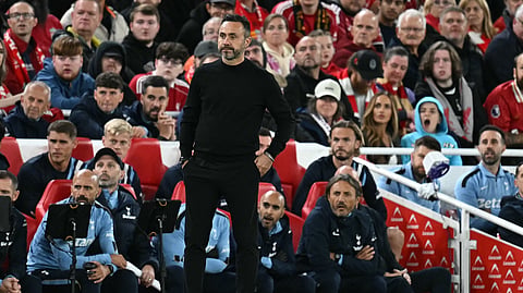 Tottenham Hotspur's head coach Roberto De Zerbi watches the players from the touchline during the English League Cup third-round football match between Liverpool and Tottenham Hotspur at Anfield stadium in Liverpool, on September 15, 2026.