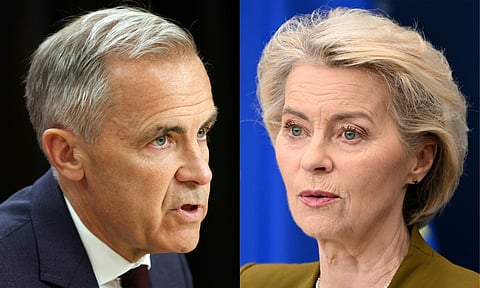 This combination of files pictures created on September 15, 2026 shows Canadian Prime Minister Mark Carney speaking during a news conference at the National Press Theatre in Ottawa, Canada on June 25, 2026. 