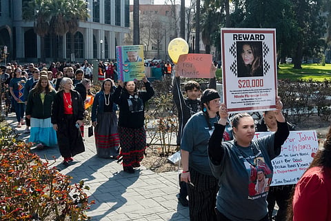 Family and friends of the missing and murdered march around the California State Capitol at the second annual Missing and Murdered Indigenous People Summit and Day of Action, Feb. 13, 2024, in Sacramento, Calif. 