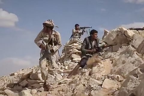 This image taken from an undated video released Tuesday, Sept. 15, 2026, by the Ansar Allah Media Office, the media arm of Yemen's Houthi rebels, shows what the group says are Houthi fighters battling Saudi-backed forces in eastern Jawf, Yemen. 