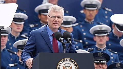 Secretary of the Air Force Troy Meink speaks during the United States Air Force Academy Graduation Ceremony at Falcon Stadium, Thursday, May 28, 2026, at the United States Air Force Academy in Colorado Springs